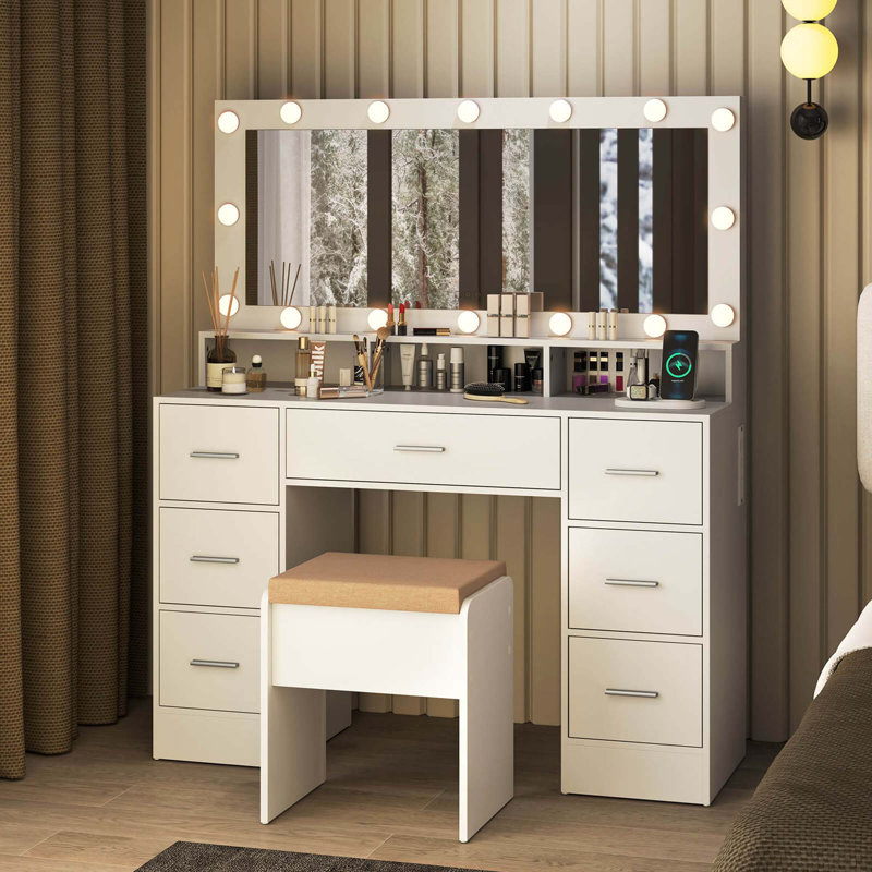 Bureau de maquillage avec miroir et lumières, Blanc