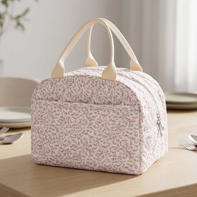 Sac à lunch isotherme, fourre-tout à fleurs, boîte de rangement réutilisable de grande capacité pour le travail, les voyages, le pique-nique rose