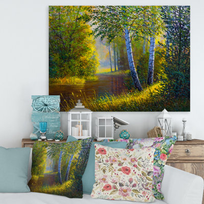 «Morning Sunlight Through The Birches II - Lake House», reproduction d'art murale