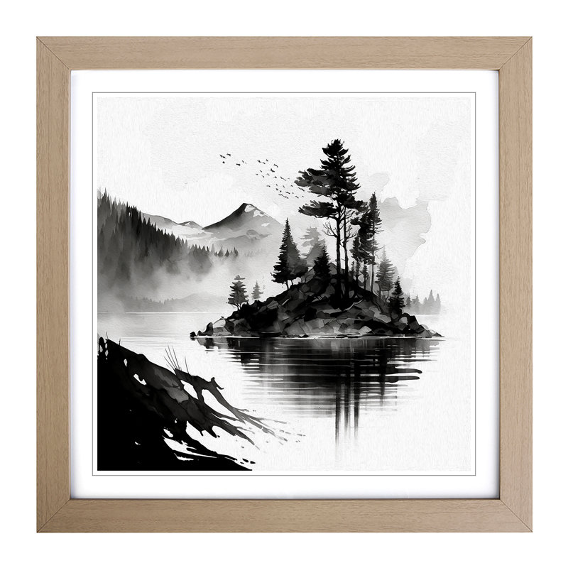 Lake Ink Wash - Single Picture Frame Print on Wood, Oak