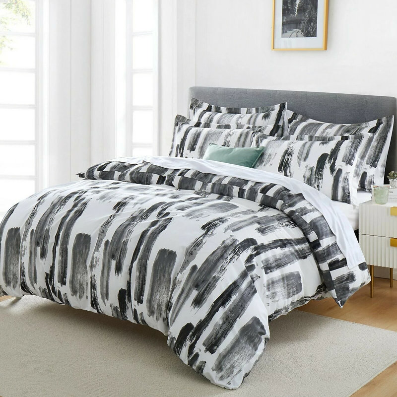 Reversible Microfiber Duvet Cover Set - 2 in 1 Pattern Printed Duvet with Matching Pillow Covers, Grey Stripe Plaid