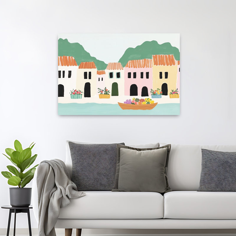 «Colorful Coastal Village», impression d'art contemporain abstrait, H 32 po x l 48 po
