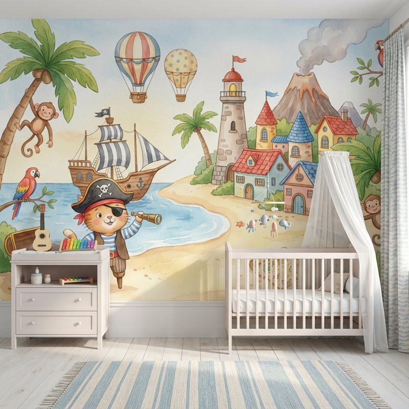 Pirate Island papier peint paysage côtier amovible aquarelle Illustration décoration murale, 100 po x 96 po