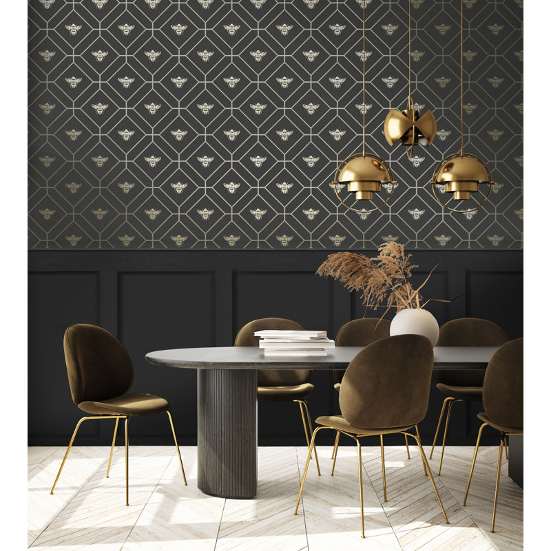 Caddo 53cm x 10.5cm Metallic Wallpaper Roll, Charcoal/Gold