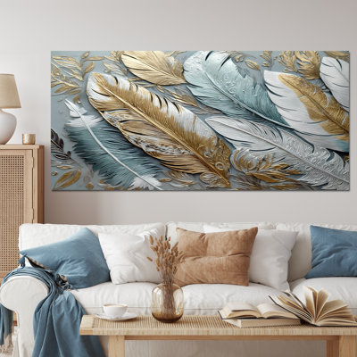 «Gold Gilded Feathers V - Glam Feather», reproduction sur toile encadrée