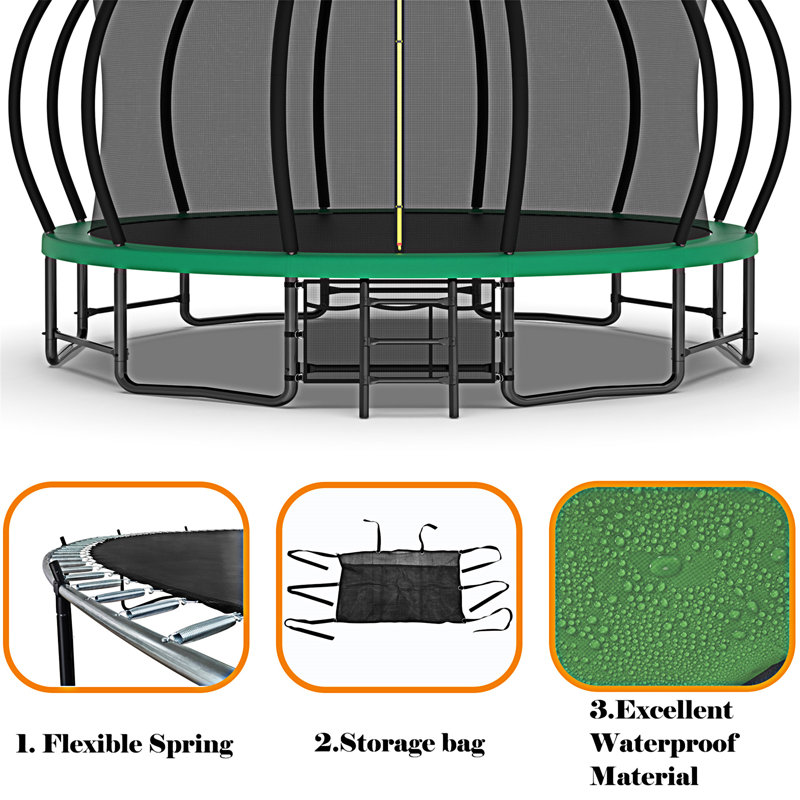 16FT Green Round Heavy Duty Trampoline with Ladder and Basketball Hoop