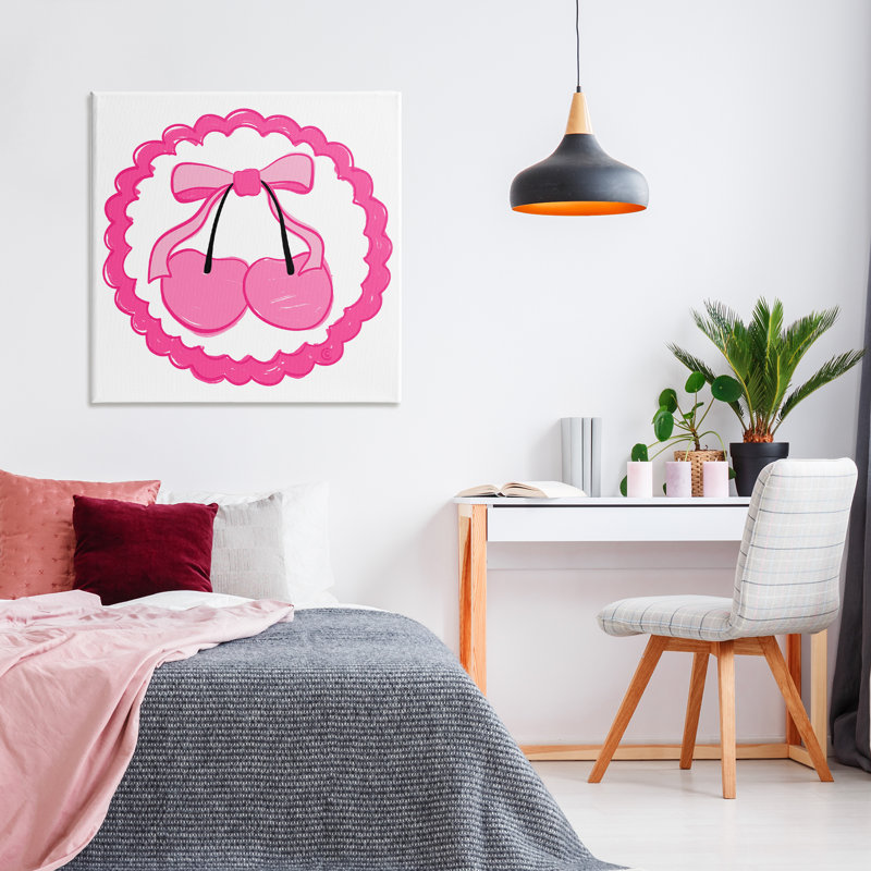 Art mural sur toile "Pink Cherries & Bow" par Carrie Cantwell, H 36 po x l 36 po