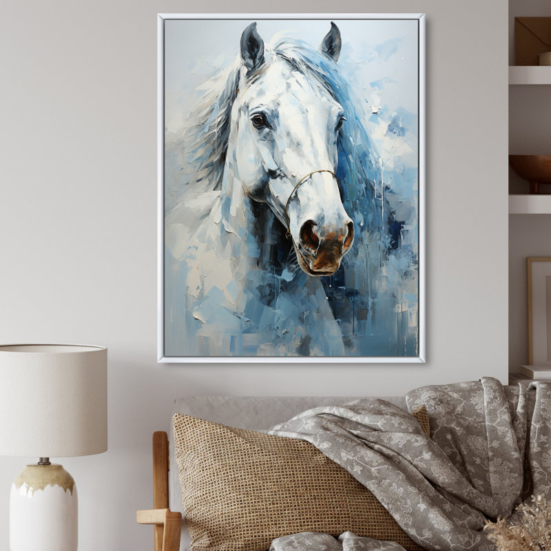 Décoration murale cheval blanc blanc bleu sérénité révélée - pointillisme II, H 32 po x l 24 po x P 1 po