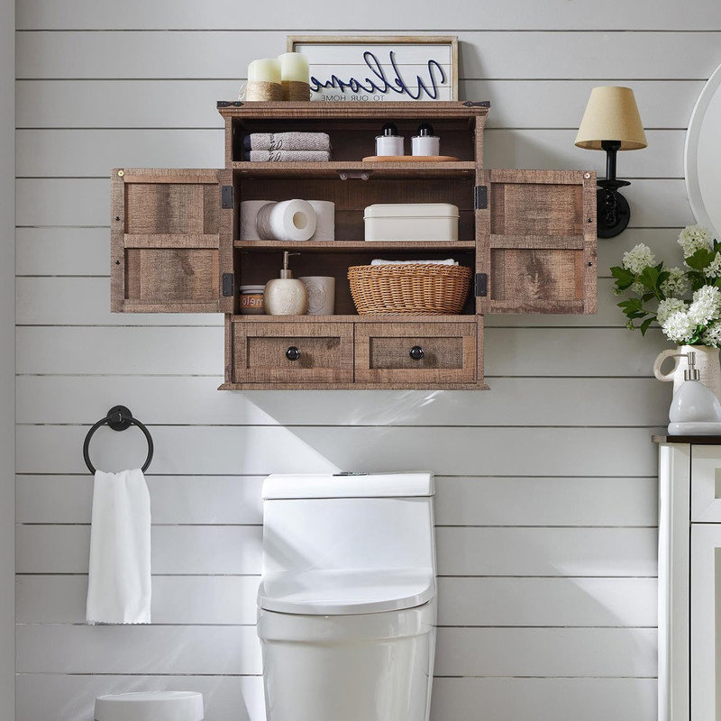Rustic Brown Farmhouse Bathroom Wall Cabinet with Barn Doors