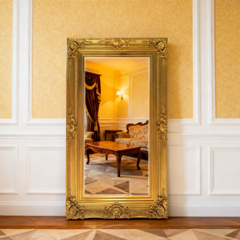 Solid Wood Flat Floor Mirror, Antique Gold