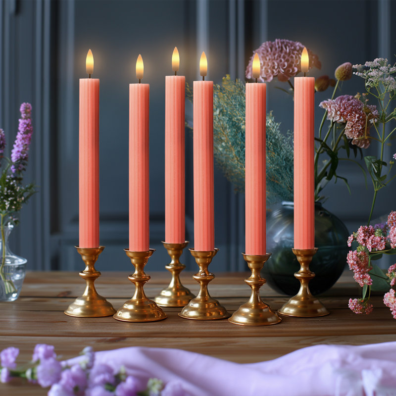 Fluted Ribbed Grooved LED Flameless Taper Candles, Remote, On/Off Button, Battery Operated, 6 Pack, Peach