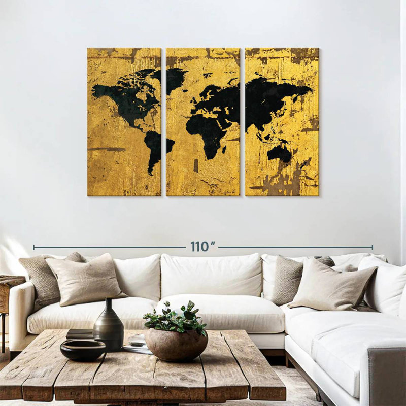 Aliaz Black On Gold World Map, 48" H x 74" W
