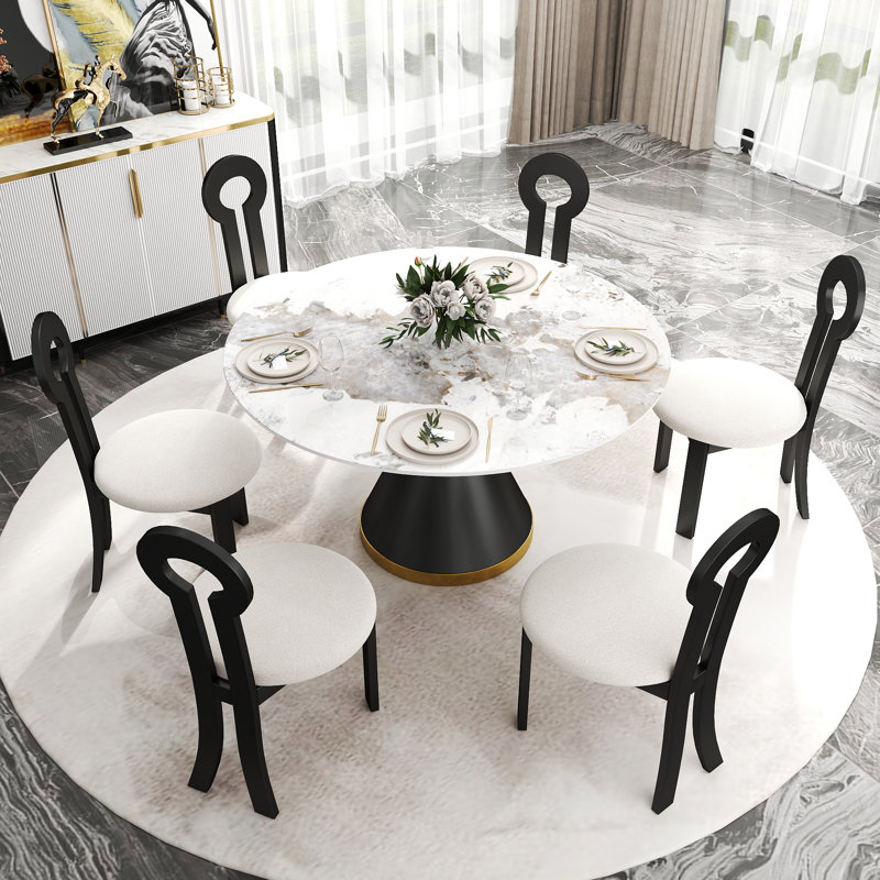 6 Seat Dining Table Set With Modern Key-shaped Dining Chairs, 7-piece Dining Set, Black, Pandora