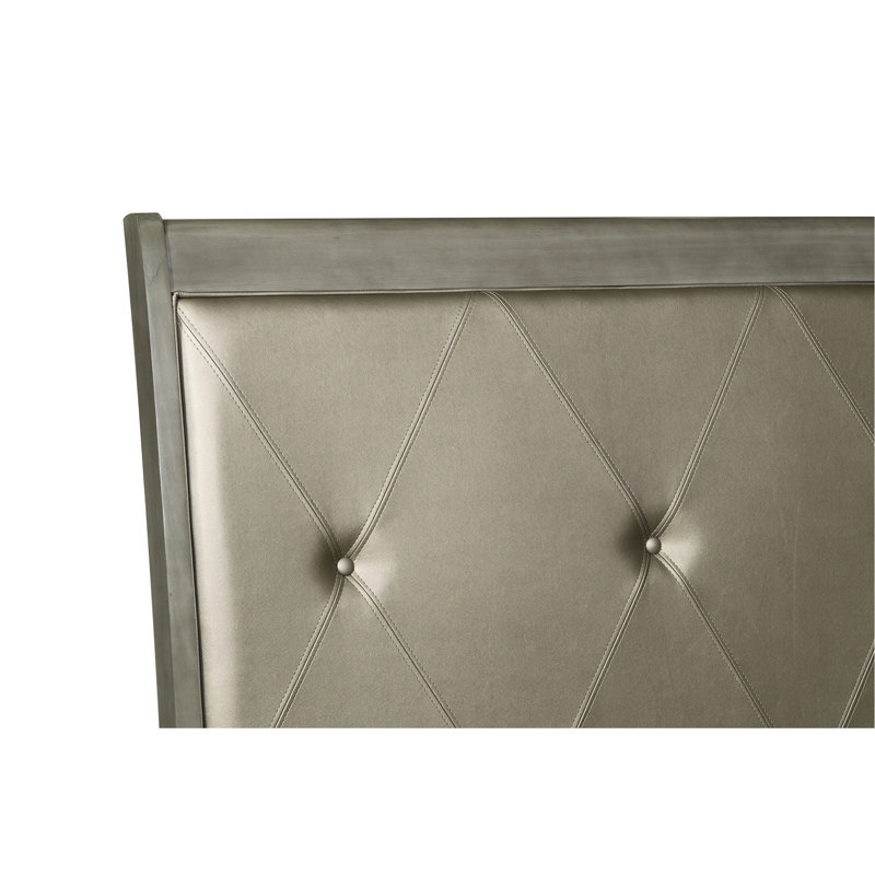 Gris, similicuir, rembourré, lit double, transitionnel, tête de lit à bouton de chambre à coucher, rails, finition grise à base de bois, style transitionnel, structure en cuir, lit