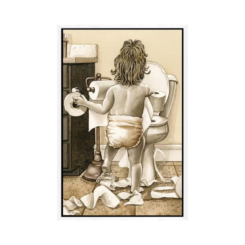 Toddler With Toliet Paper by Tracy Lizotte - Painting on Canvas, White Framed, 66.04 cm H x 45.72 cm W