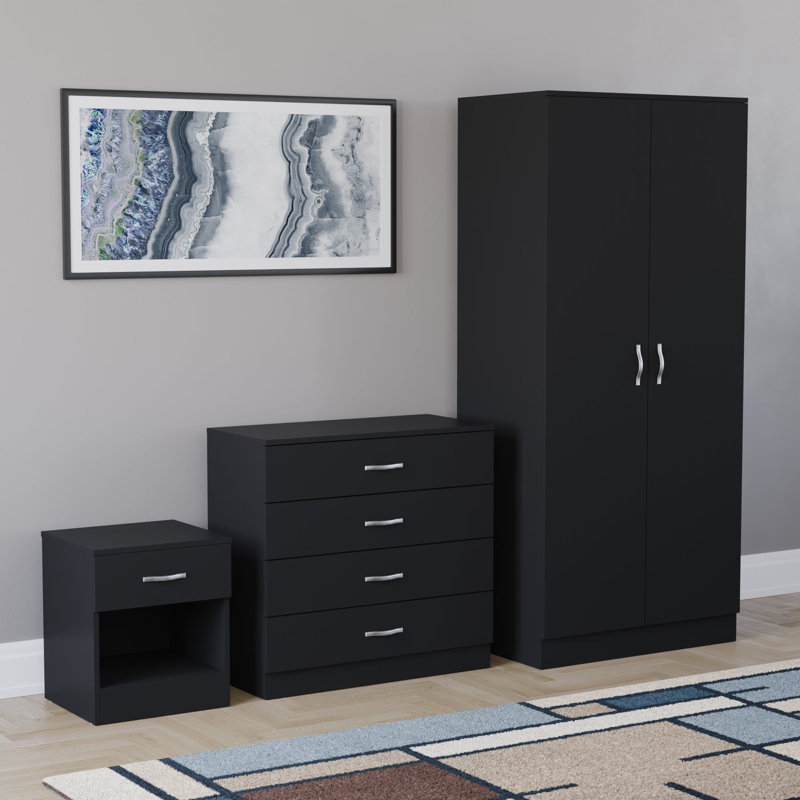 Maybery 3 Piece Bedroom Set (1 Drawer Bedside Cabinet, 4 Drawer Chest, 2 Door Wardrobe), (4), Black