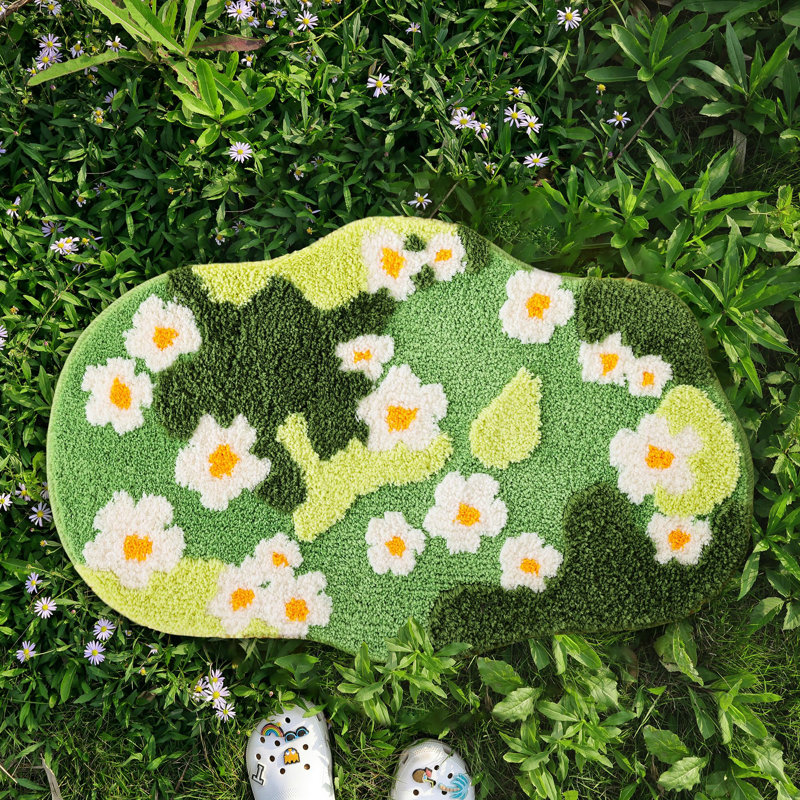  Bathroom Rugs For Living Room, Green Moss Rug Cute Bath Mat With Small Flower, Non Slip Washable Floral Bath Rugs For Bathroom (32x20 Inches)
