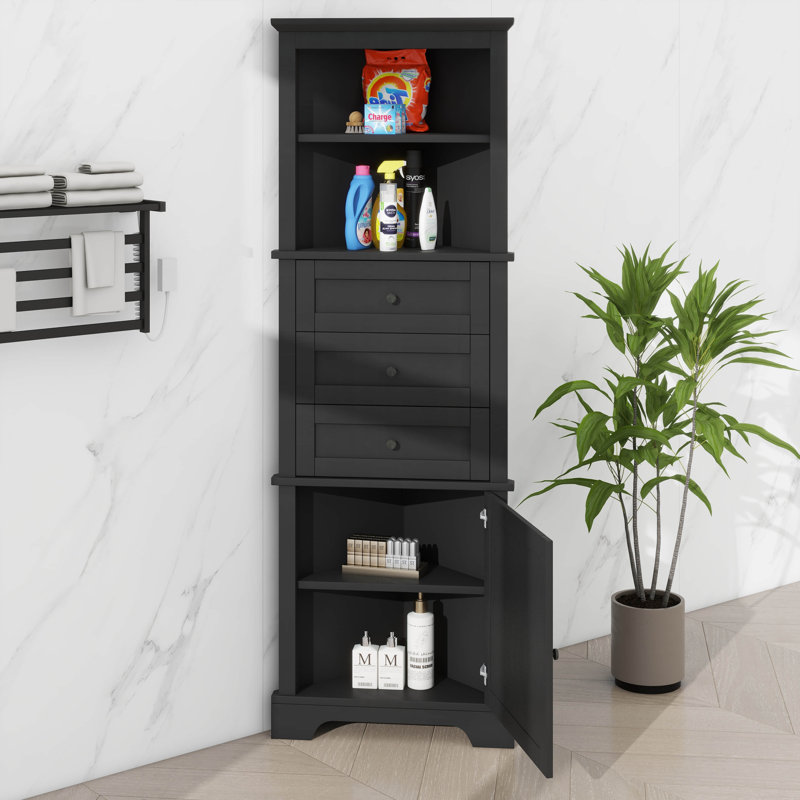 Tall Triangular Corner Cabinet With Triple Drawers And Customizable Shelves For Bathroom Kitchen, Black