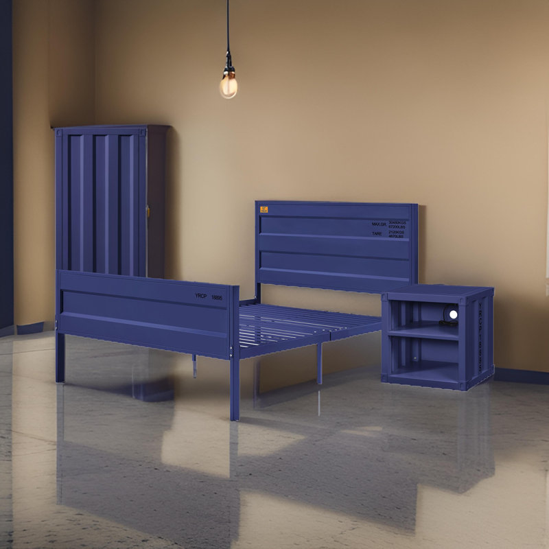 Ensemble de chambre à coucher double 3 pièces Dua, motif de panneau encastré, style industriel, métal, Bleu