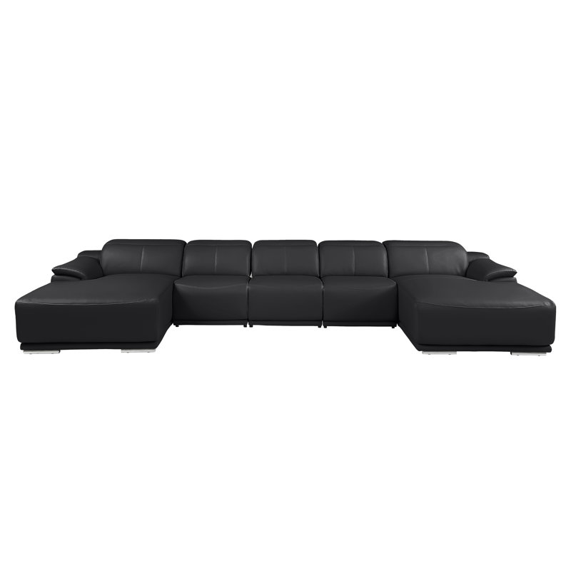 Canapé modulaire noir en cuir véritable 5 pièces avec 3 fauteuils inclinables électriques et appuis-tête réglables noirs