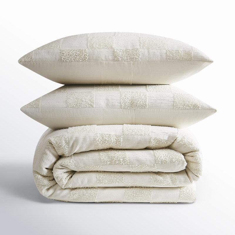 Cream Textured Checkered Queen Duvet Cover Set