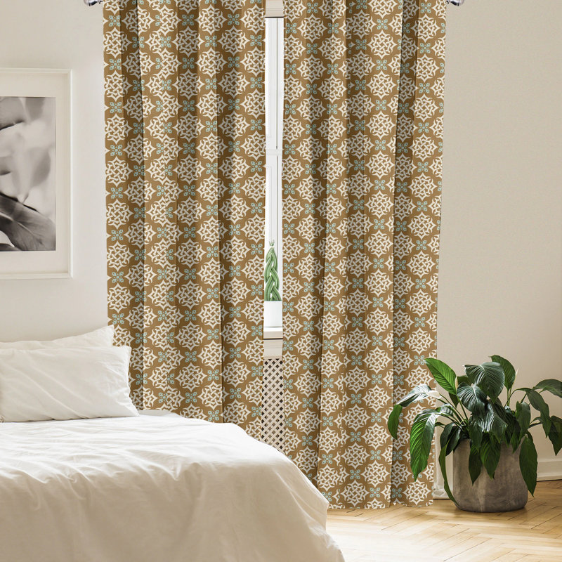Tan and Blue Polyester Rod Pocket Curtain Panels