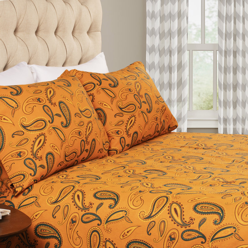 Superior 100% Cotton Flannel Deep Pocket Paisley Sheet Set, Queen Sheet Set + 1 Fitted Sheet + 2 Pillowcases, Pumpkin Paisley