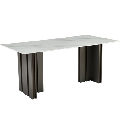 Rectangular Dining Table, Modern Style, Tempered Glass With Marble Texture Tabletop, Matte Brushed Table Legs, Suitable For 4-6 People