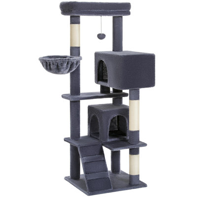 Large cat tree, extra-large top resting area, 56.2-inch indoor multi-level cat tower with hammock and sleeping bag, cat scratching post, and 2 apartments