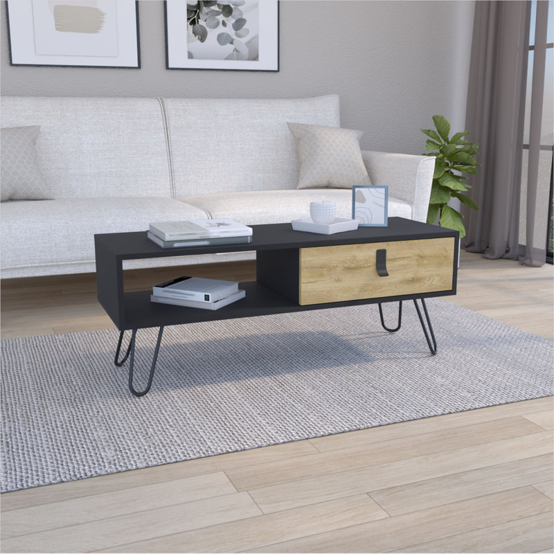Table basse avec tiroir de rangement et tablette ouverte, plateau rectangulaire en bois d'ingénierie, pieds en épingle à cheveux en acier, largeur de 40,9 pouces