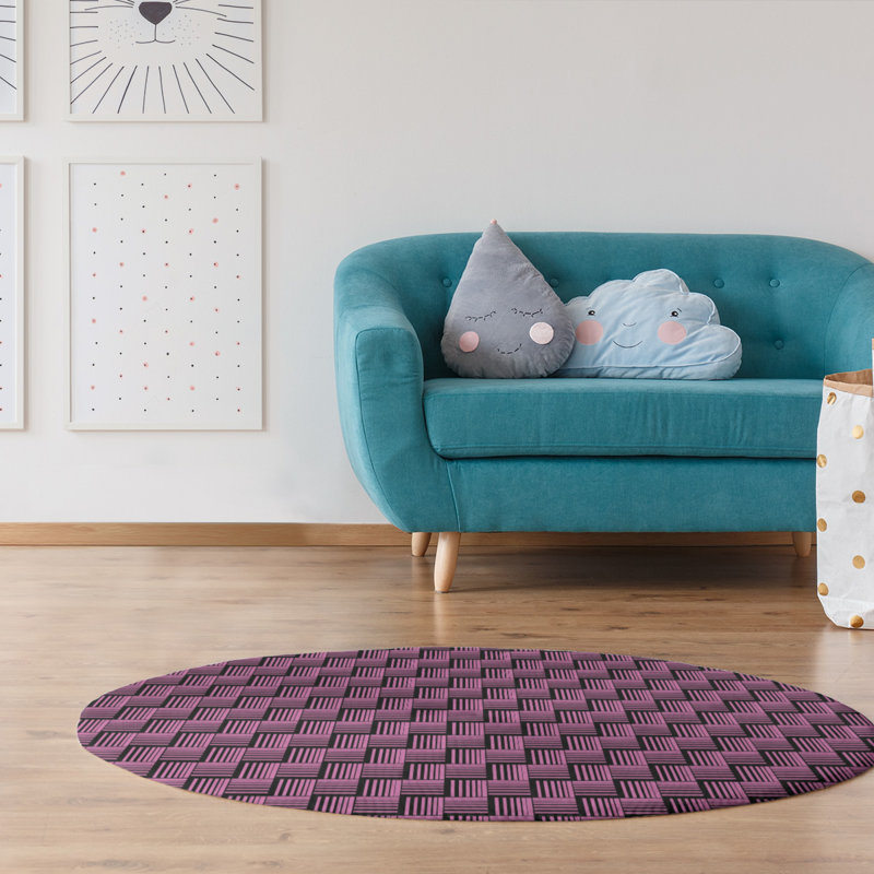 Tapis rose/noir à rayures basketweave, Rond 5 pi