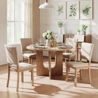 5-Piece Dining Table Set With 4 Upholstered Chairs & 47.3" Round Solid Wood Table Top