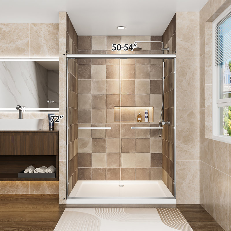 Aluminum Double Sliding Shower Door 54" W X 72" H, 1/4" Clear Tempered Glass, - Proof Film, Corrosion Handles, Reversible Installation, Adjustable Width, Waterproof Design In Bathroom Wide High With