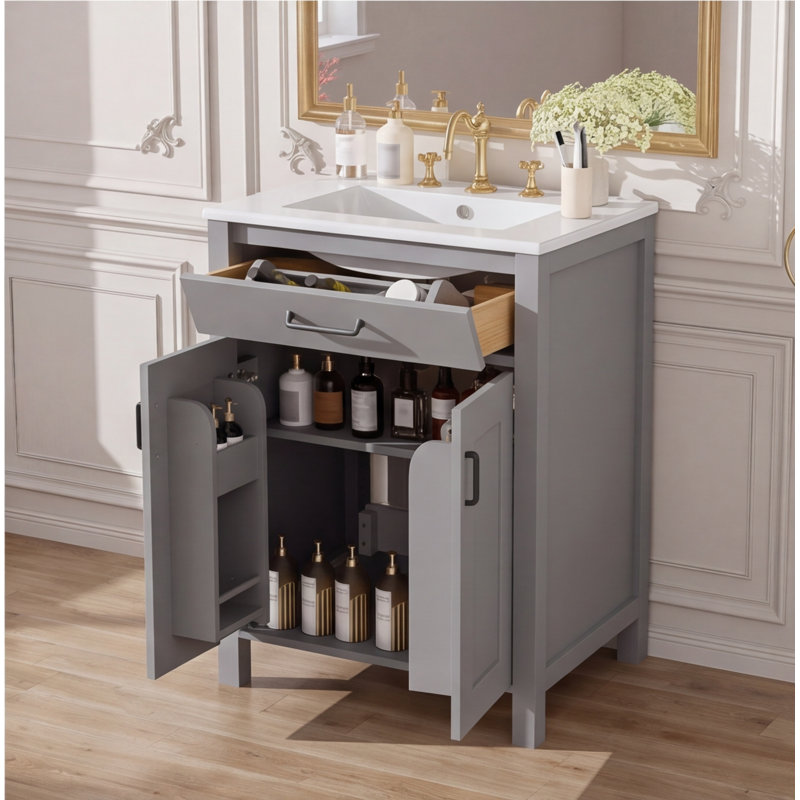 Ensemble de meuble-lavabo 24 po avec lavabo en céramique - gris, bois massif et panneau de fibres à densité moyenne, conception compacte avec 2 portes à fermeture en douceur