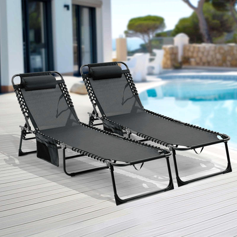 Folding Chaise Lounge Pool Chair Set Of 2,Patio Sun Tanning Chair,Outdoor Lounge Chair With 4-Position Reclining Back,Breathable Mesh Seat For Beach.