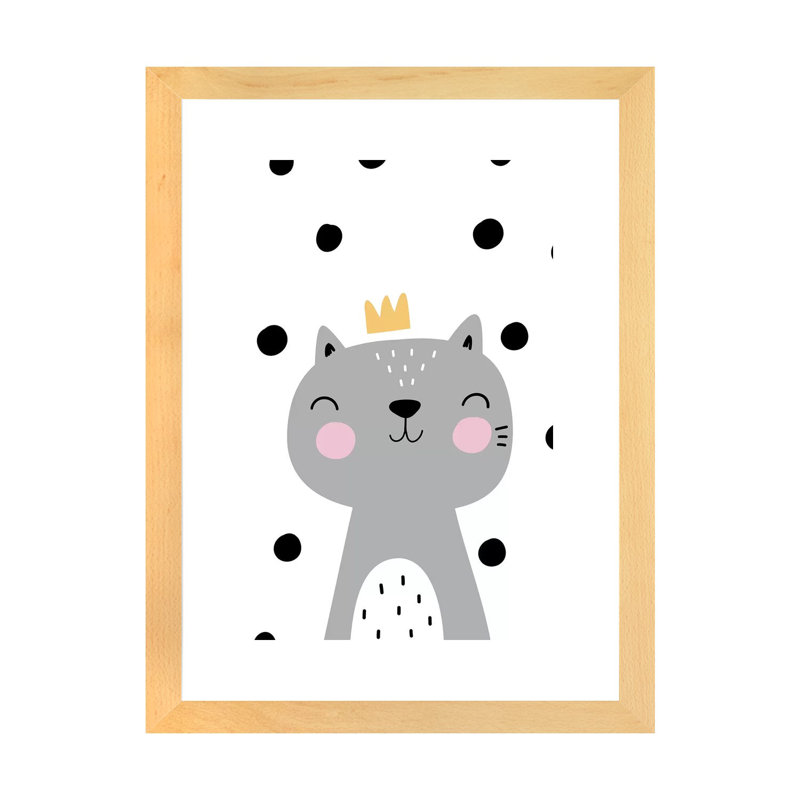 Chat avec couronne gris à pois - impression d'art graphique, H 24 po x l 16 po x P 1 po, Papier avec cadre beige, Blanc