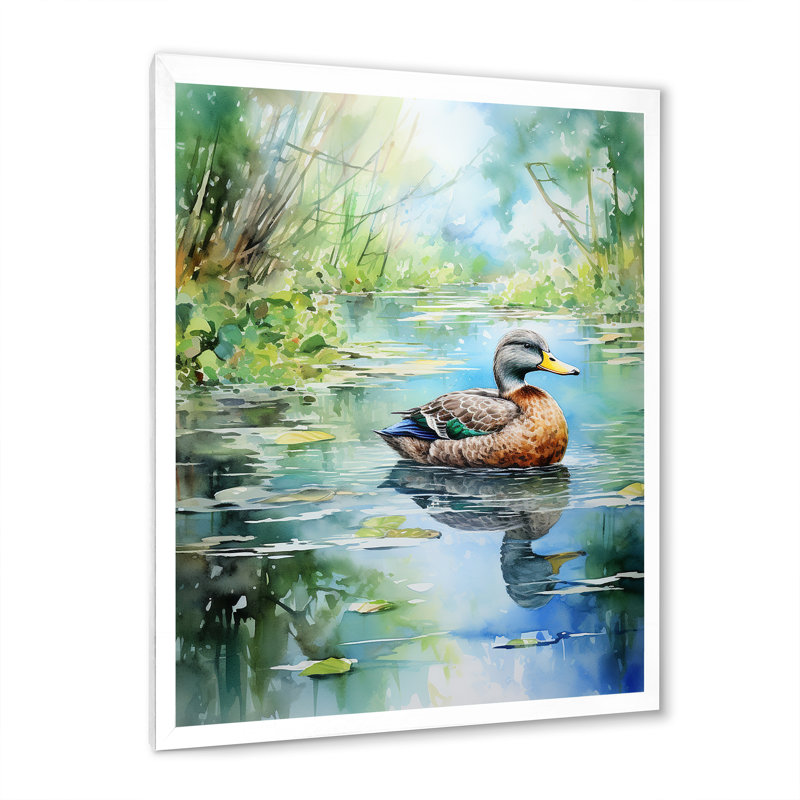 Duck Pond Reflections III - Art mural animal de canard, Cadre simple blanc, H 20 po x l 12 po x P 1 po