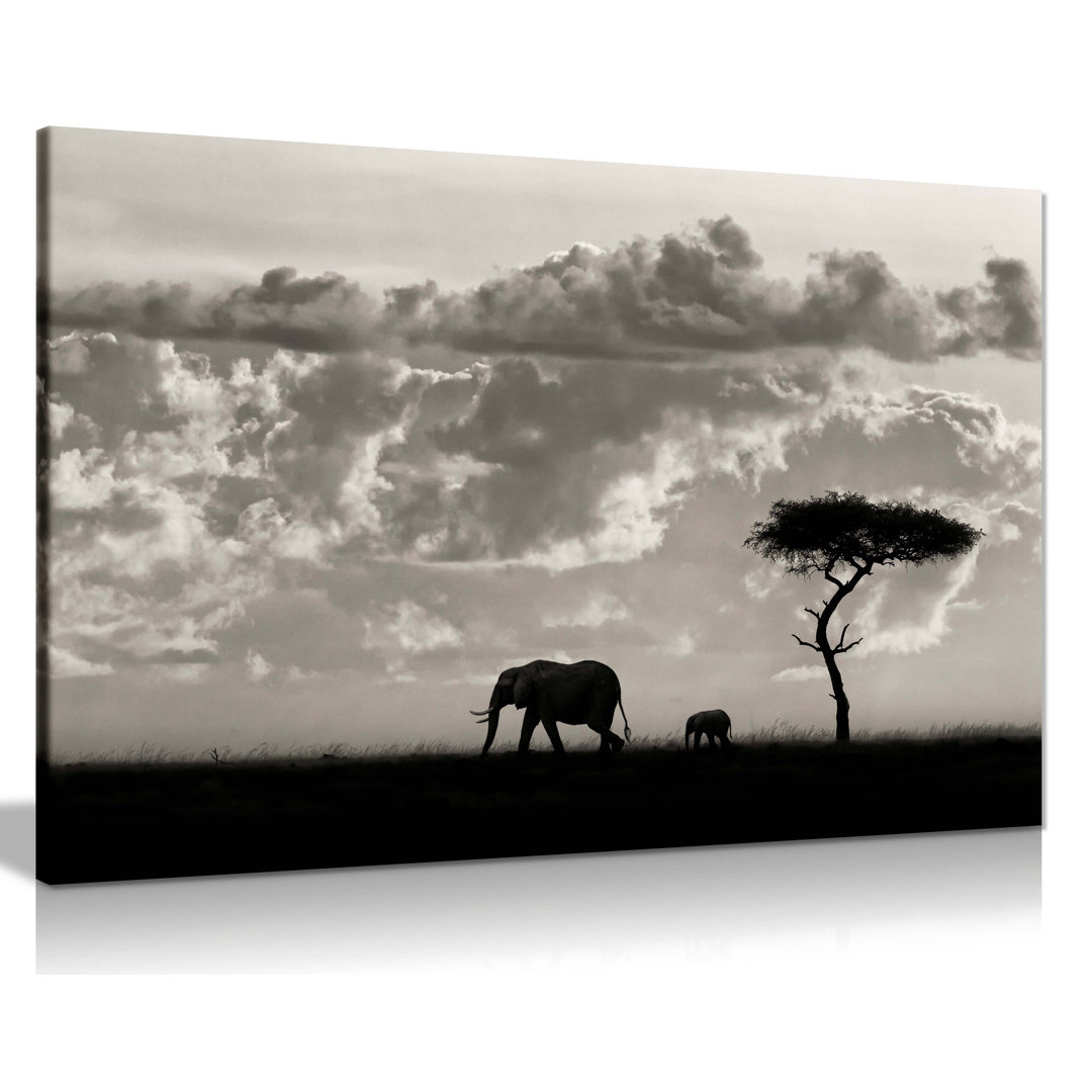 Panther Print Fine Art Prints Mother & Baby Elephant Silhoutte Wildlife Artistic Framed Canvas Print, Pictures For Home Walls, Bedroom, Living Room &