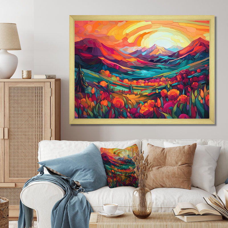 «Vibrant Sunset Shining Over Mountains I», art sur toile, H 12 po x l 20 po x P 1 po, Cadre doré