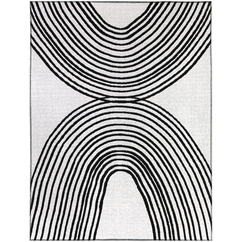 Rectangle Bledian abstrait tissé à la machine recyclé P.E.T. Tapis blanc / noir, Rectangle 5 pi 3 po x 7 pi