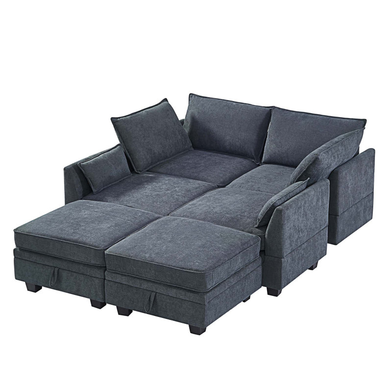 Large canapé et méridienne réversible avec repose-pieds, Lin gris foncé