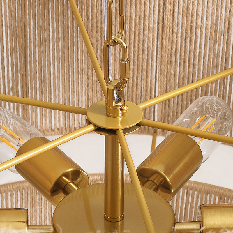 Lustre en rotin tissé à la main à 6 lumières à intensité variable, H 19,48 po x l 31,49 po x P 31,49 po