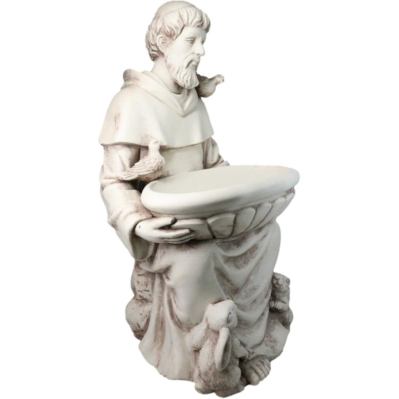 Statue de jardin en forme de grand bain d'oiseaux assis à Saint-François avec animaux H 27 po
