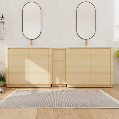 92" Double Freestanding Bathroom Vanity with Ceramic Basin Sink Top, Floor Standing Bathroom Vanity with 5 Doors and 3 Adjustable Shelves