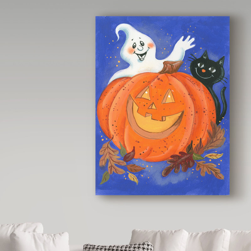 « citrouille, fantôme et chat », art sur toile, H 32 po x l 24 po x P 2 po