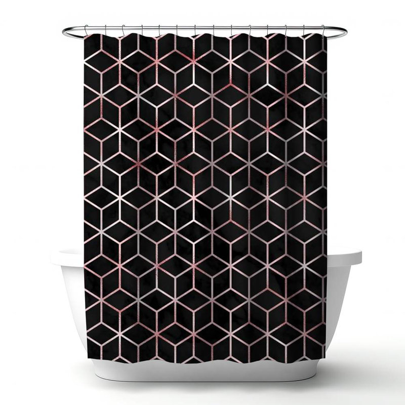 Geometric – Polyester Shower Curtain, Dye Sublimation Print, 71" W × 74" L, Black/Rose Gold