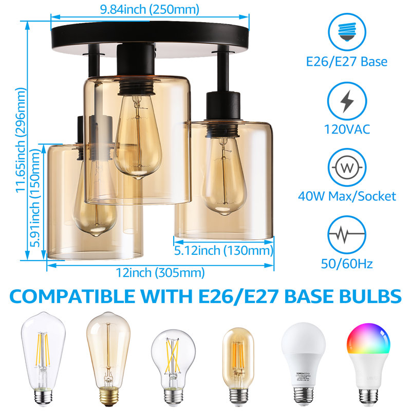 3-light Flush Mount Ceiling Light, Etl Listed, Edison Bulbs Included