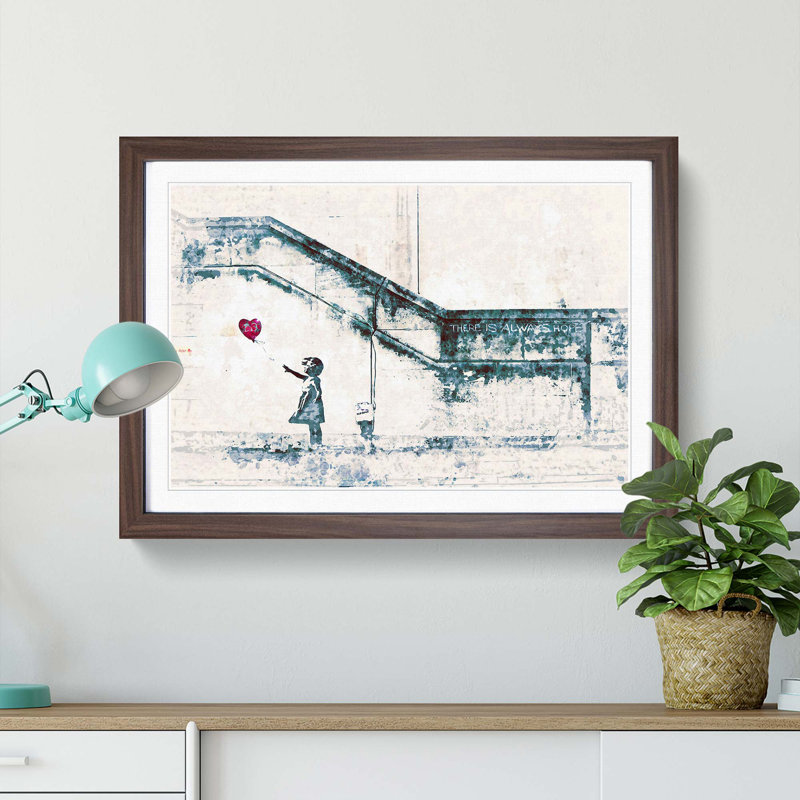 There Is Always Hope Girl With Red Balloon by Banksy - Painting, 45cm H x 63cm W x 2cm D, Light Oak Paper