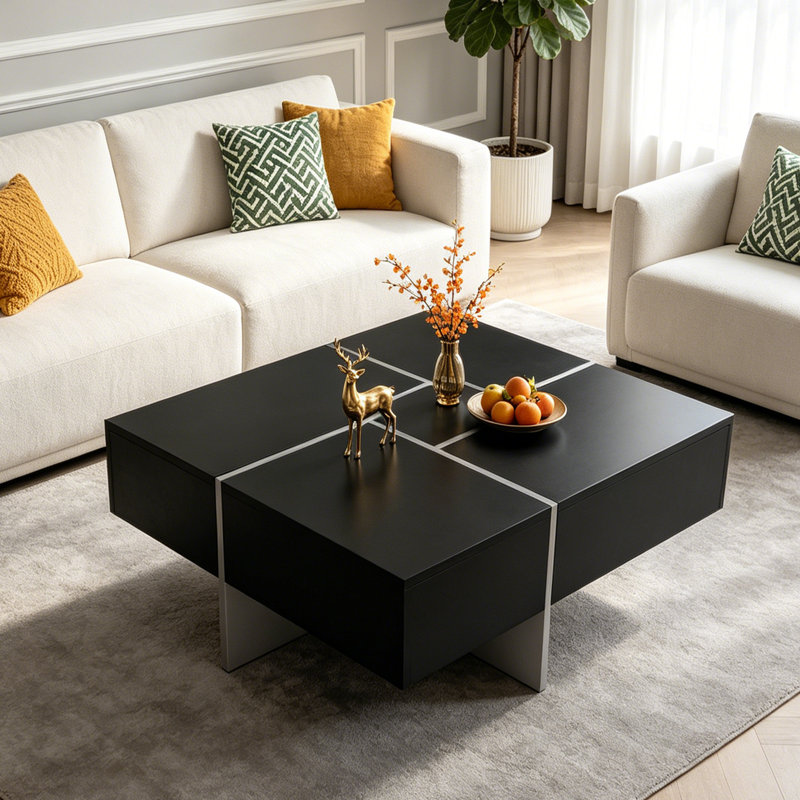 Table basse carrée extensible moderne avec tiroirs de rangement, table basse noire lustrée 31,5 po avec casse-têtes, table centrale extensible multidirectionnelle avec compartiments de rangement cachés pour le salon