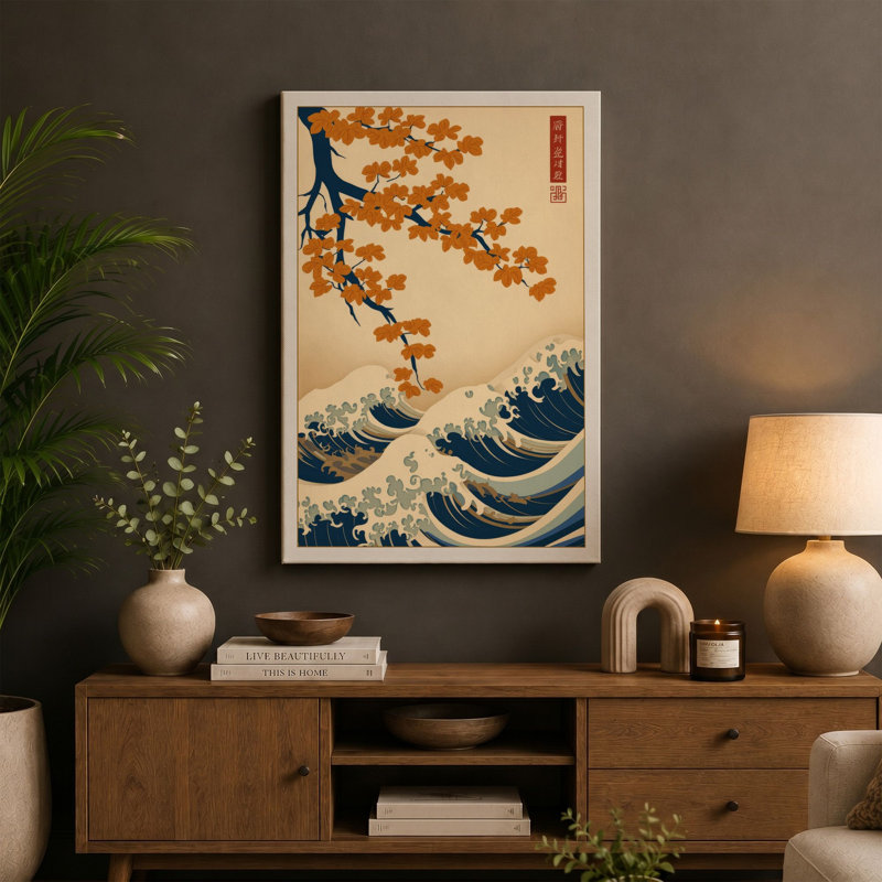 Blossoms and Waves Japandi - Wrapped Canvas, 18x12 - 45.7 x 30.5 cm, Ochre Border